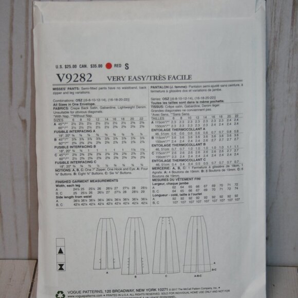 Vogue Sewing Pattern V9282 Semi Fitted Pants with back zipper All Sizes - Picture 2 of 2